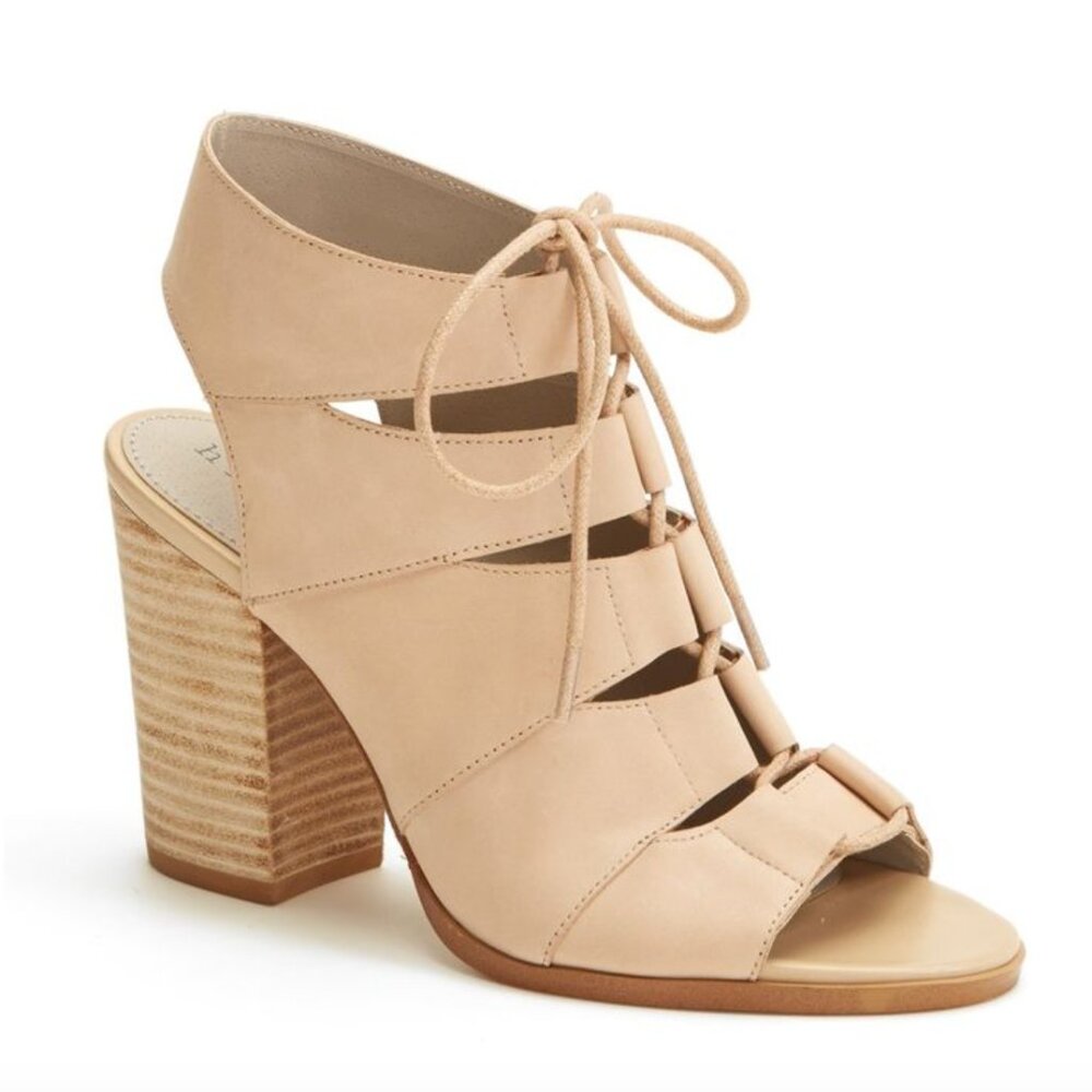 Hinge Drea Peep Toe Tan Suede Leather Lace Up Sandals